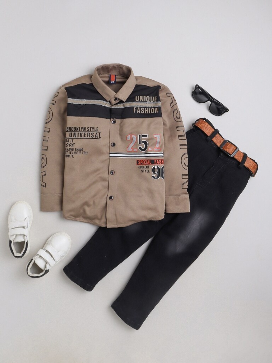 

FOURFOLDS Boys Typography Printed Shirt With Trousers, Brown