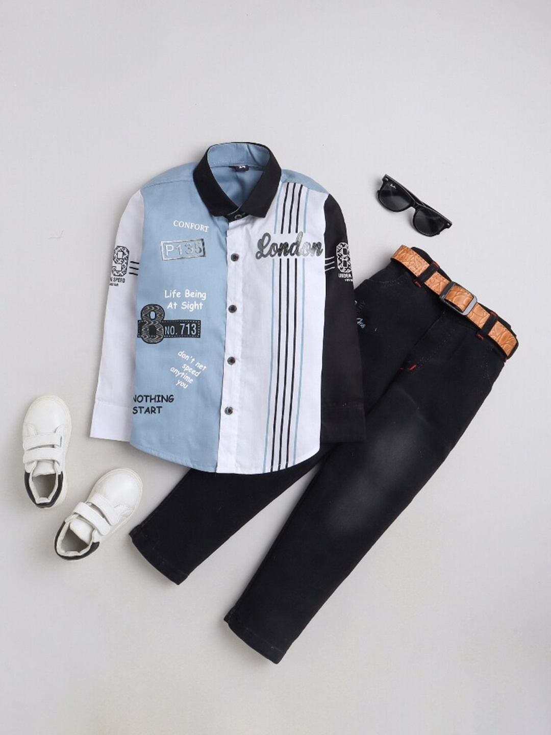 

FOURFOLDS Boys Colourblocked Printed Shirt With Trousers, Blue