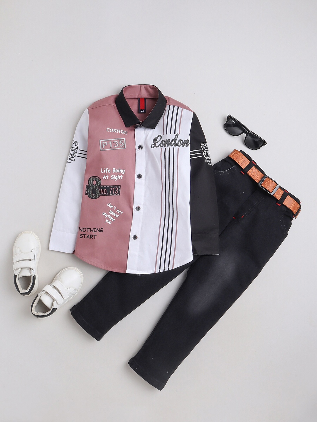 

FOURFOLDS Boys Colourblocked Printed Shirt With Trousers, Pink