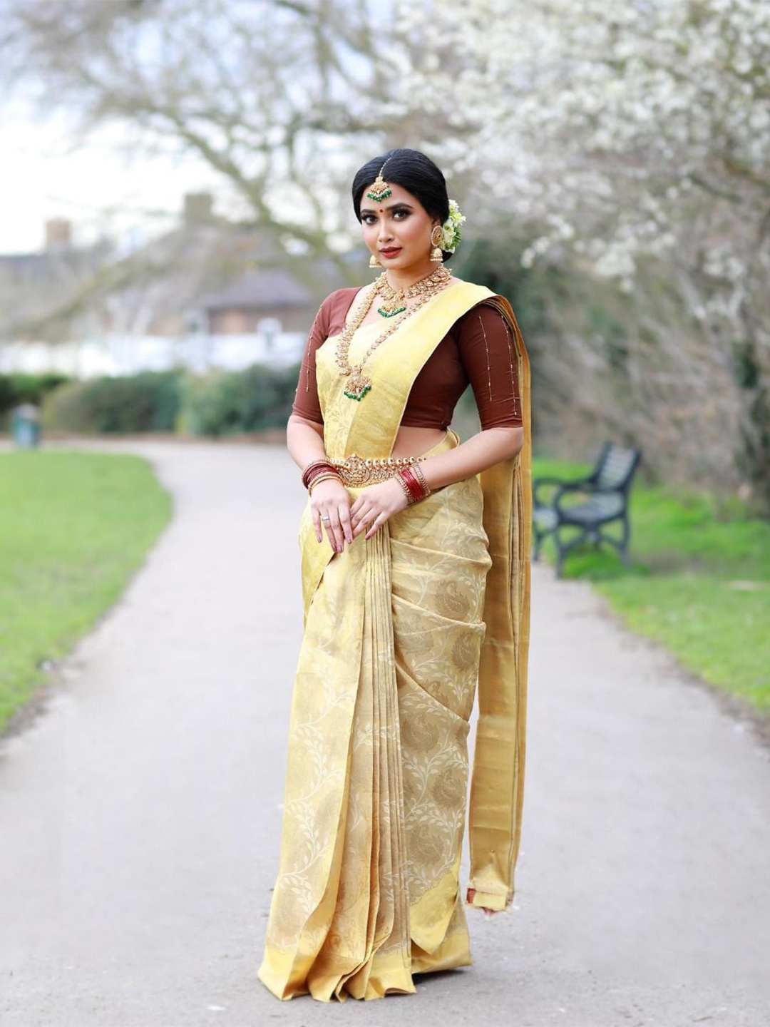 

DIVASTRI Ethnic Motif Zari Banarasi Saree With Blouse Piece, Beige