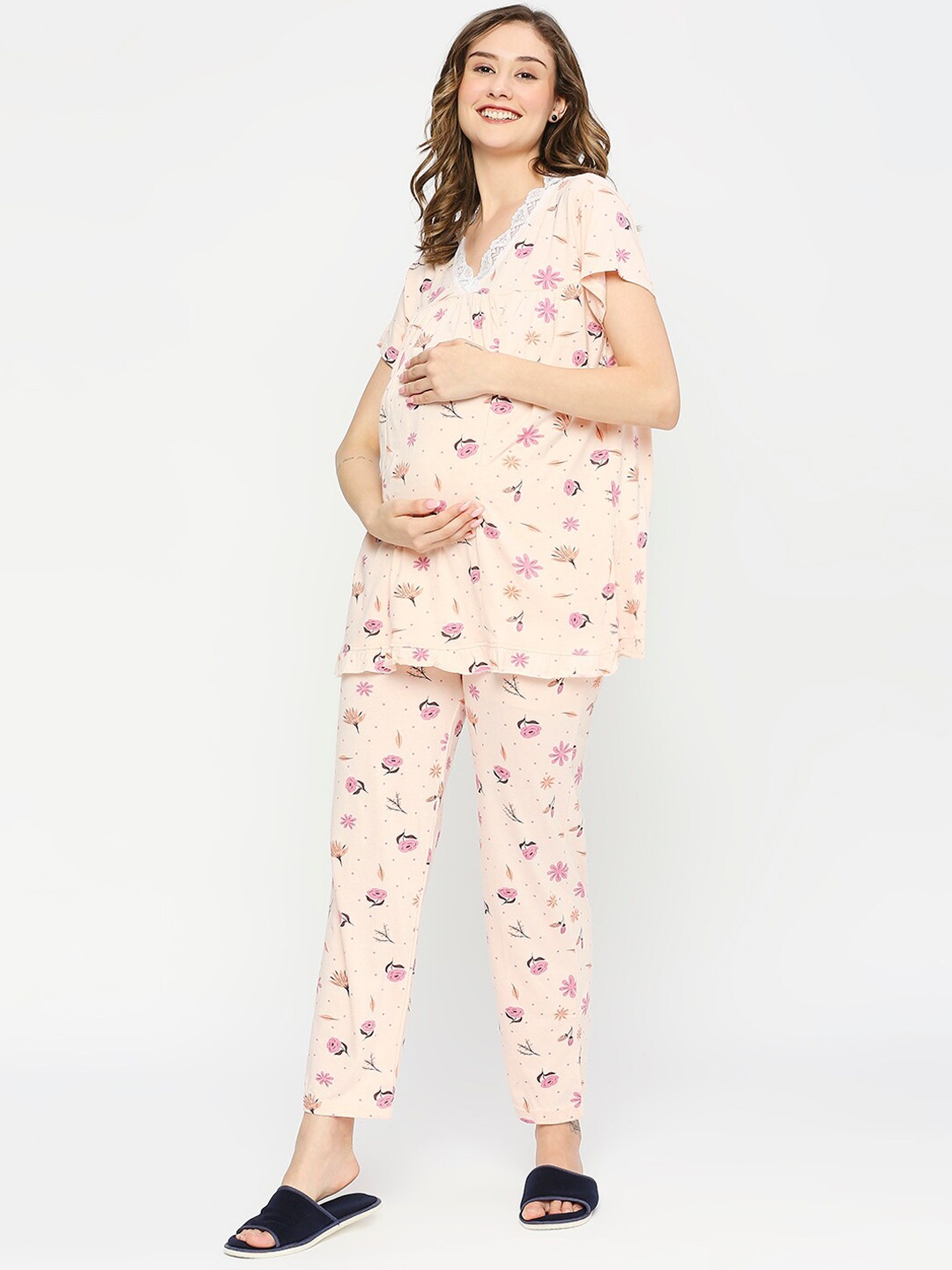 

MeeMee Floral Printed Maternity Pure Cotton Night suit, Peach