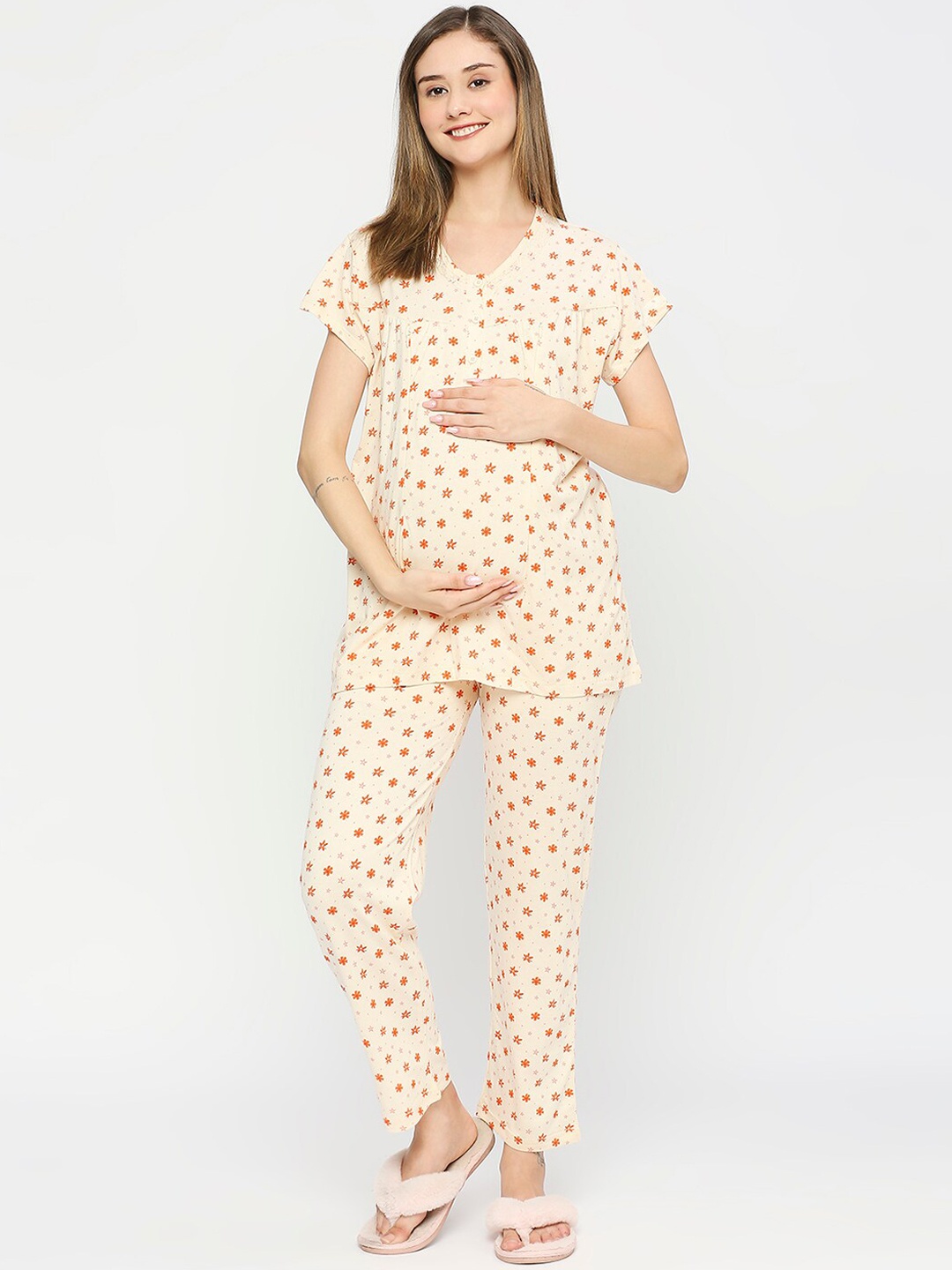 

MeeMee Floral Printed Maternity Pure Cotton Night suit, Off white