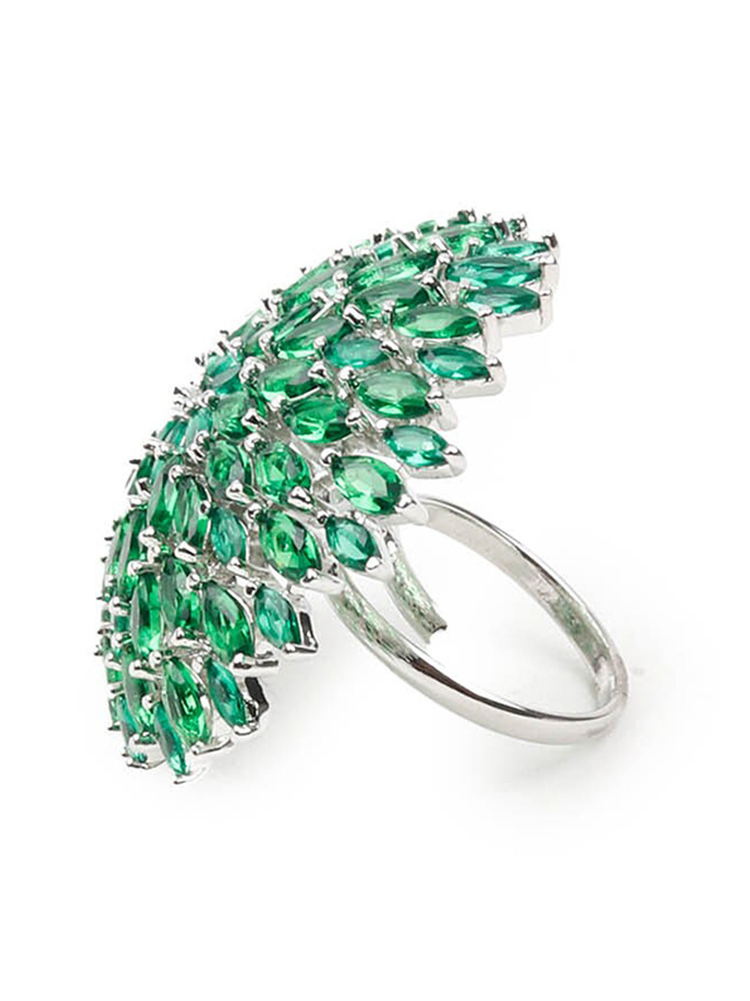 

ODETTE Rhodium-Plated Stone-Studded Adjustable Finger Ring, Green
