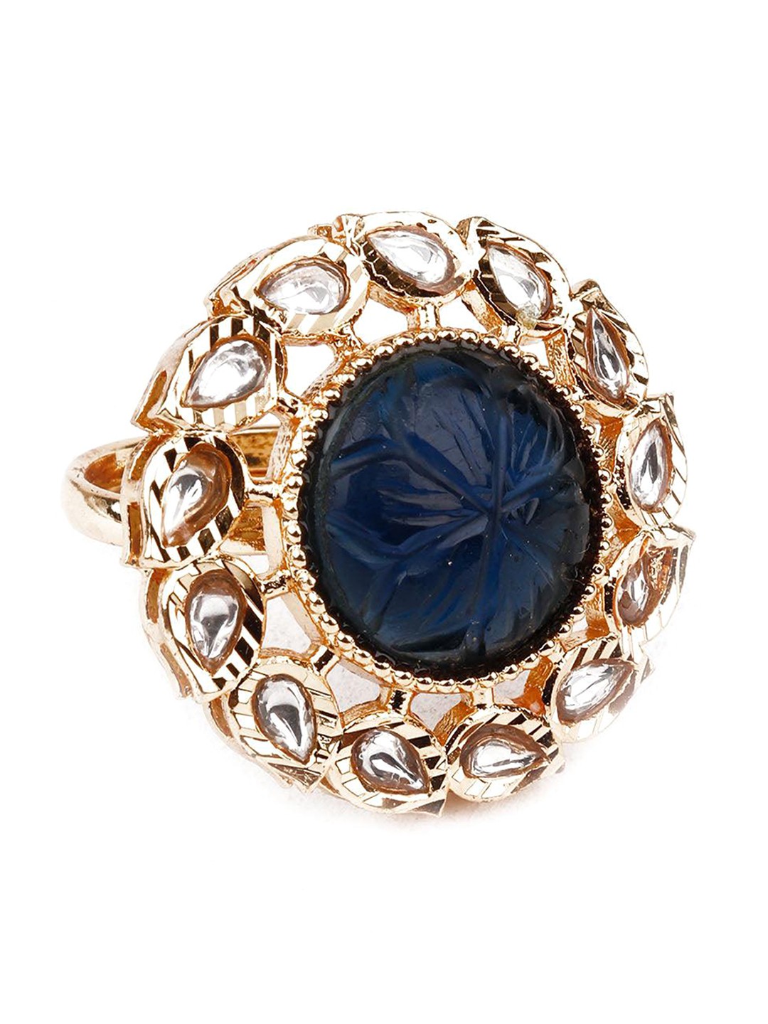 

ODETTE Gold-Plated Stone-Studded Adjustable Finger Ring, Black