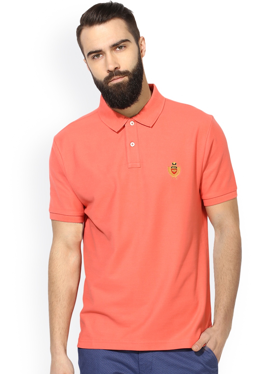 

Red Tape Men Coral Pink Solid Polo Collar T-shirt
