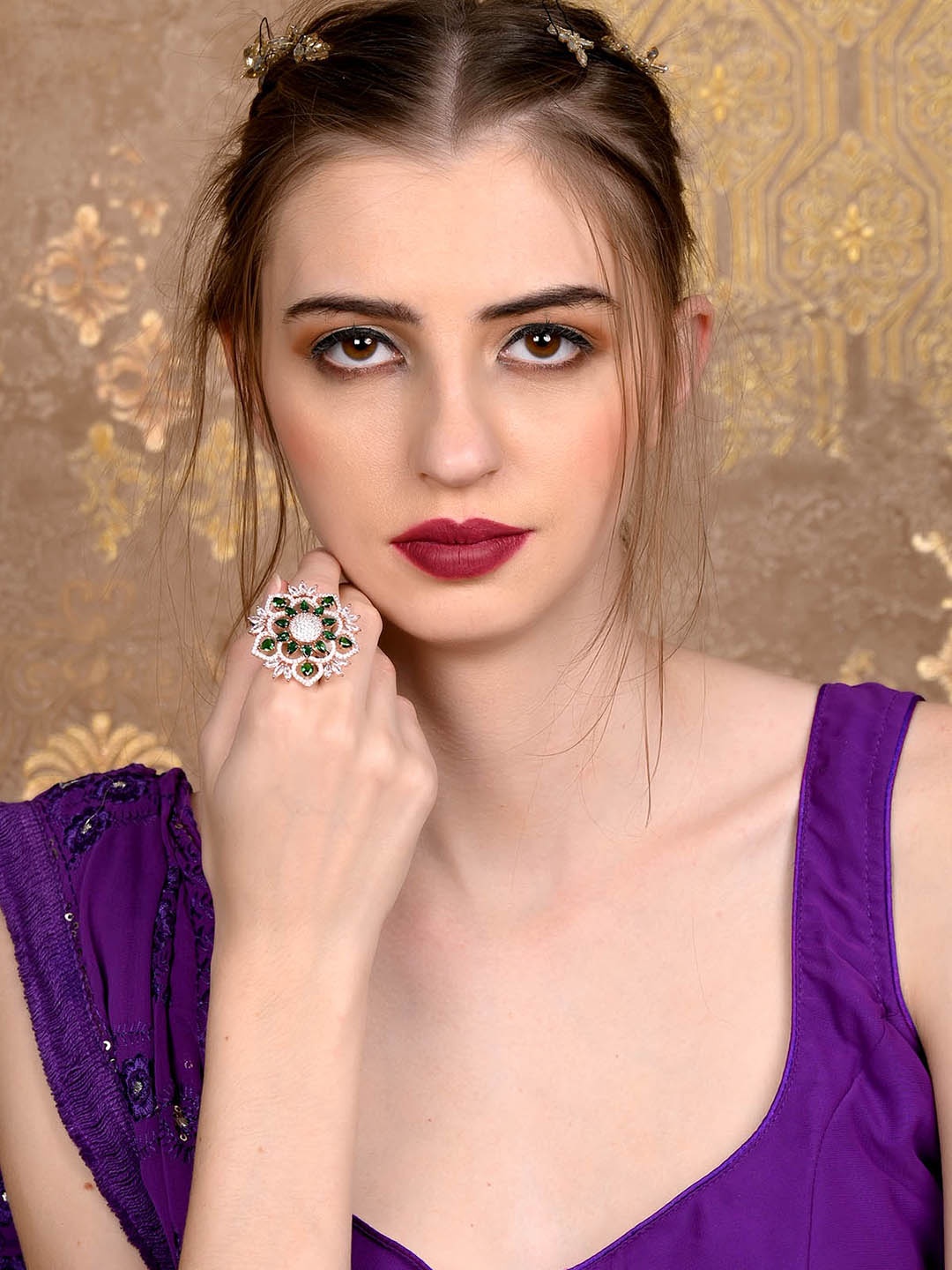 

ODETTE Gold-Plated Stone-Studded Cocktail Finger Ring