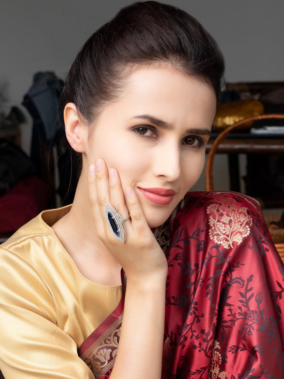 

ODETTE Silver-Plated Stone-Studded Teardrop Finger Ring