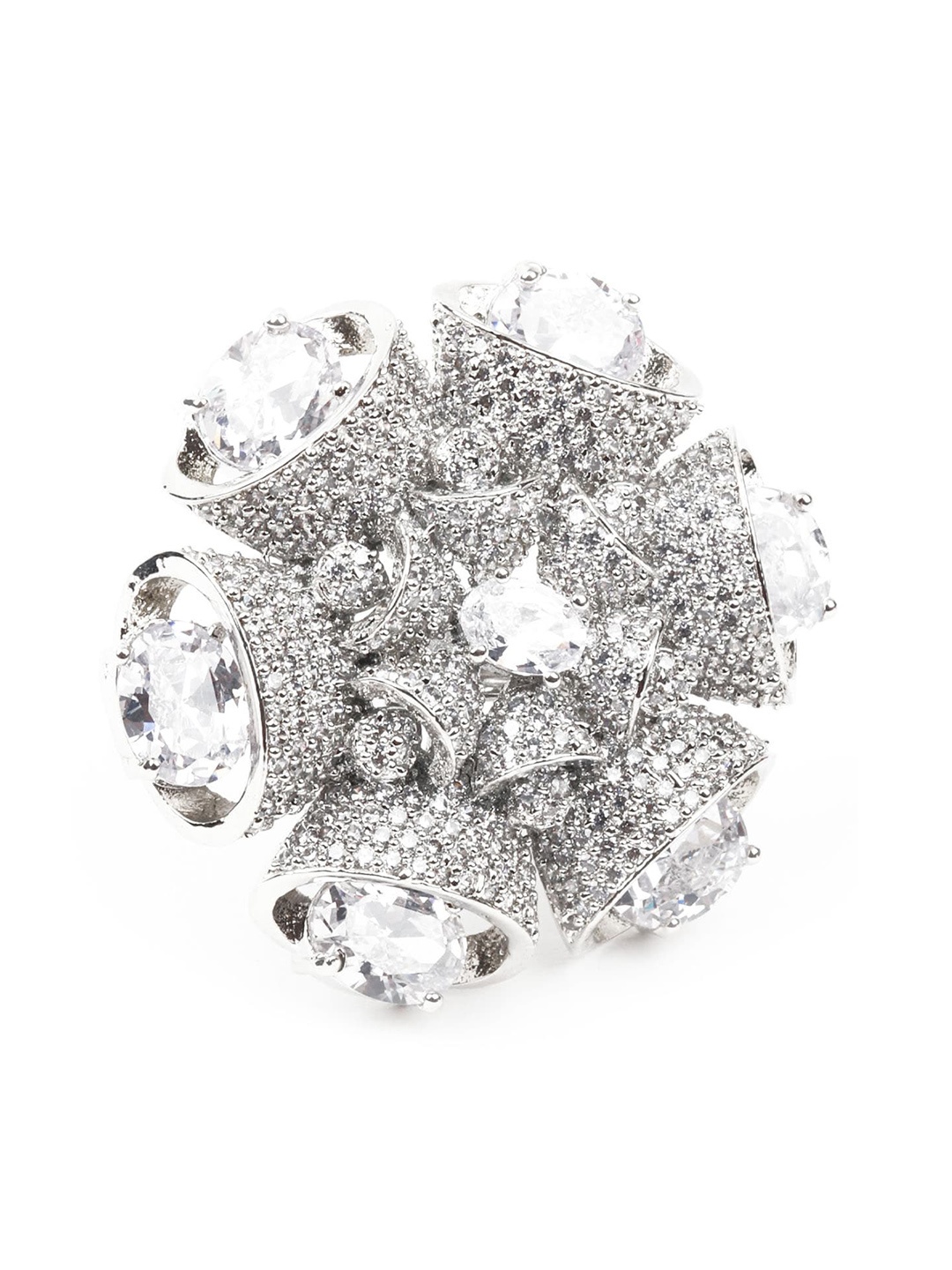 

ODETTE Rhodium-Plated Stone-Studded Finger Ring, Silver