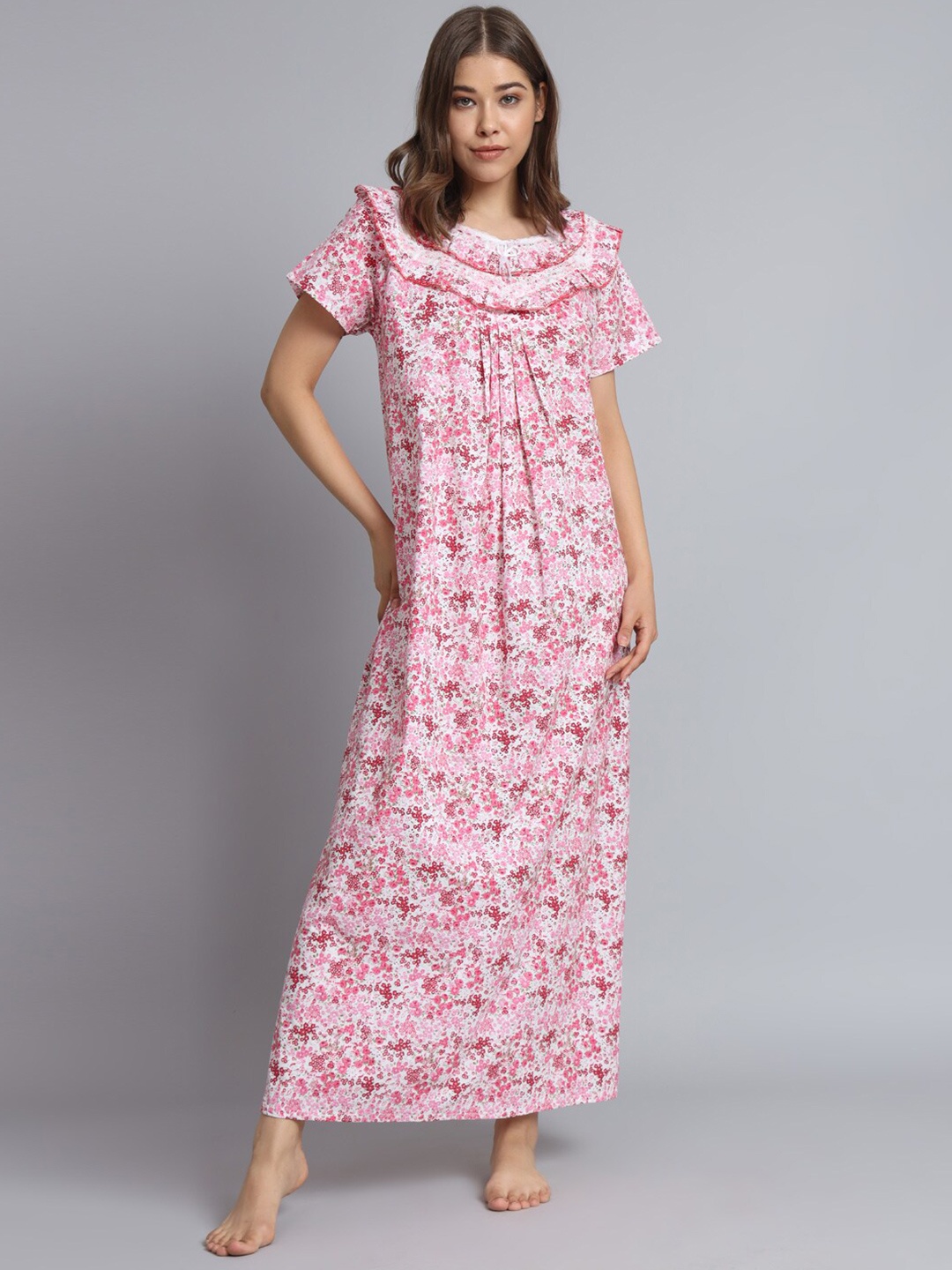 

SEPHANI Floral Printed V-Neck Pure Cotton Night Maxi Dress, Pink