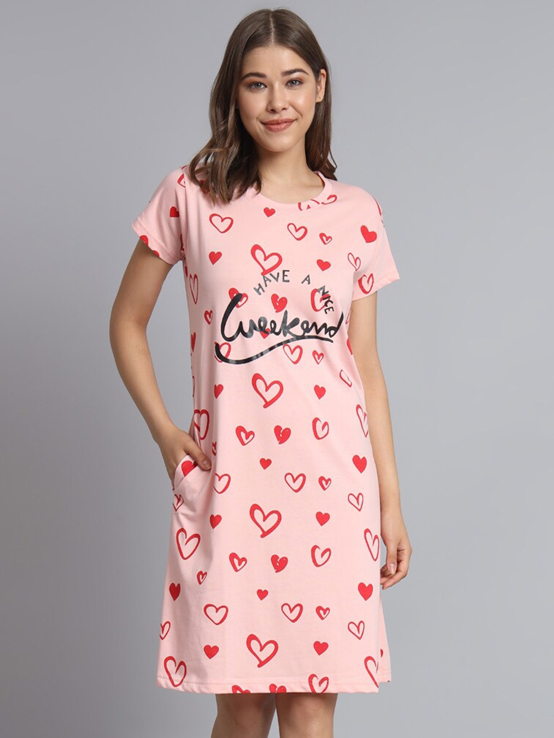

SEPHANI Conversational Printed Round Neck T-Shirt Night Dress, Pink