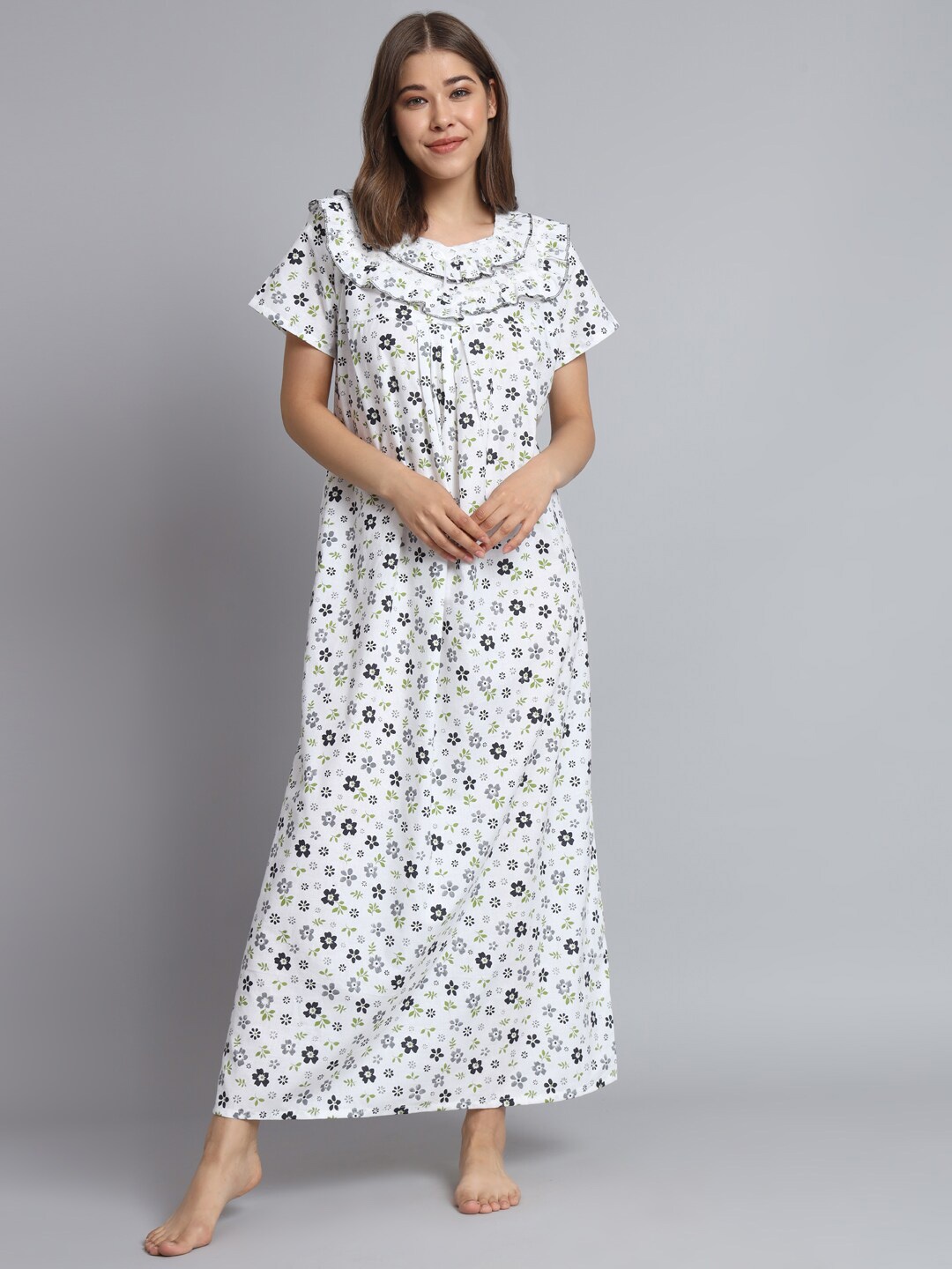 

SEPHANI Floral Printed V-Neck Pure Cotton Night Maxi Dress, White