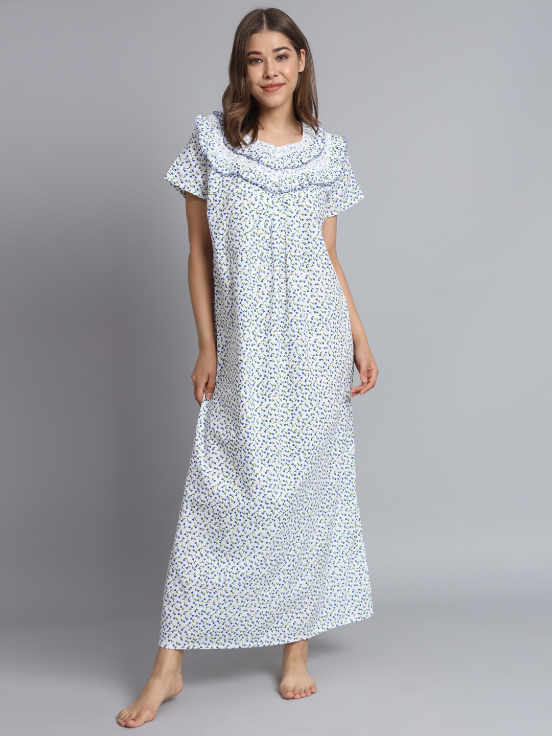 

SEPHANI Floral Printed V-Neck Pure Cotton Night Maxi Dress, White