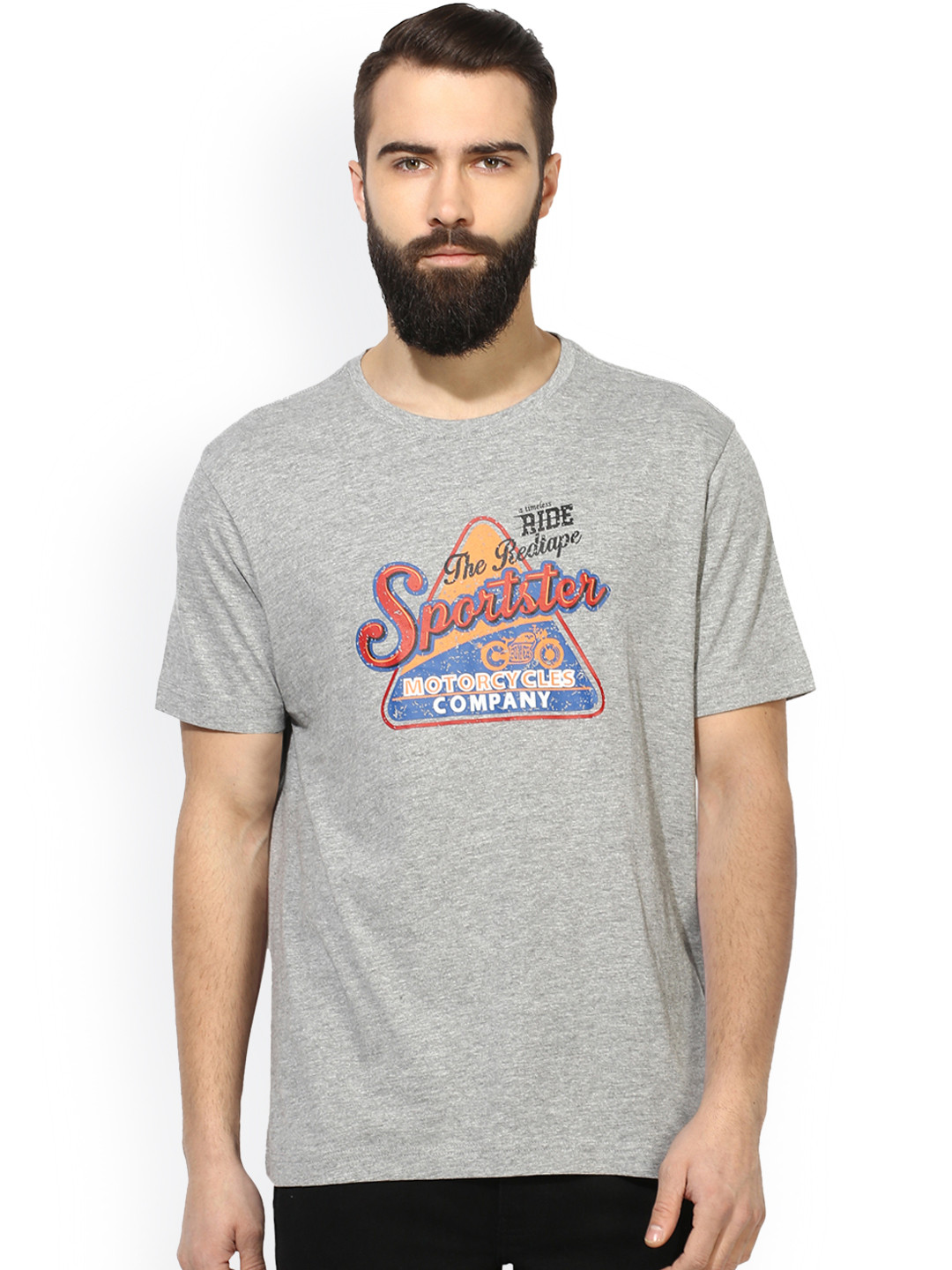 

Red Tape Men Grey Melange Printed Round Neck T-shirt