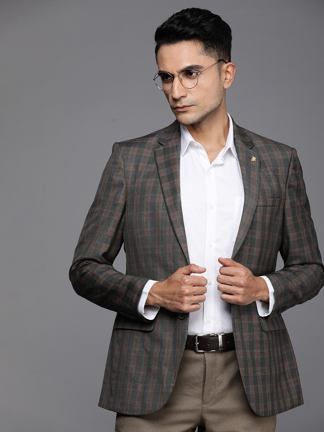 

Raymond Checked Contemporary Fit Single-Breasted Formal Blazer, Grey