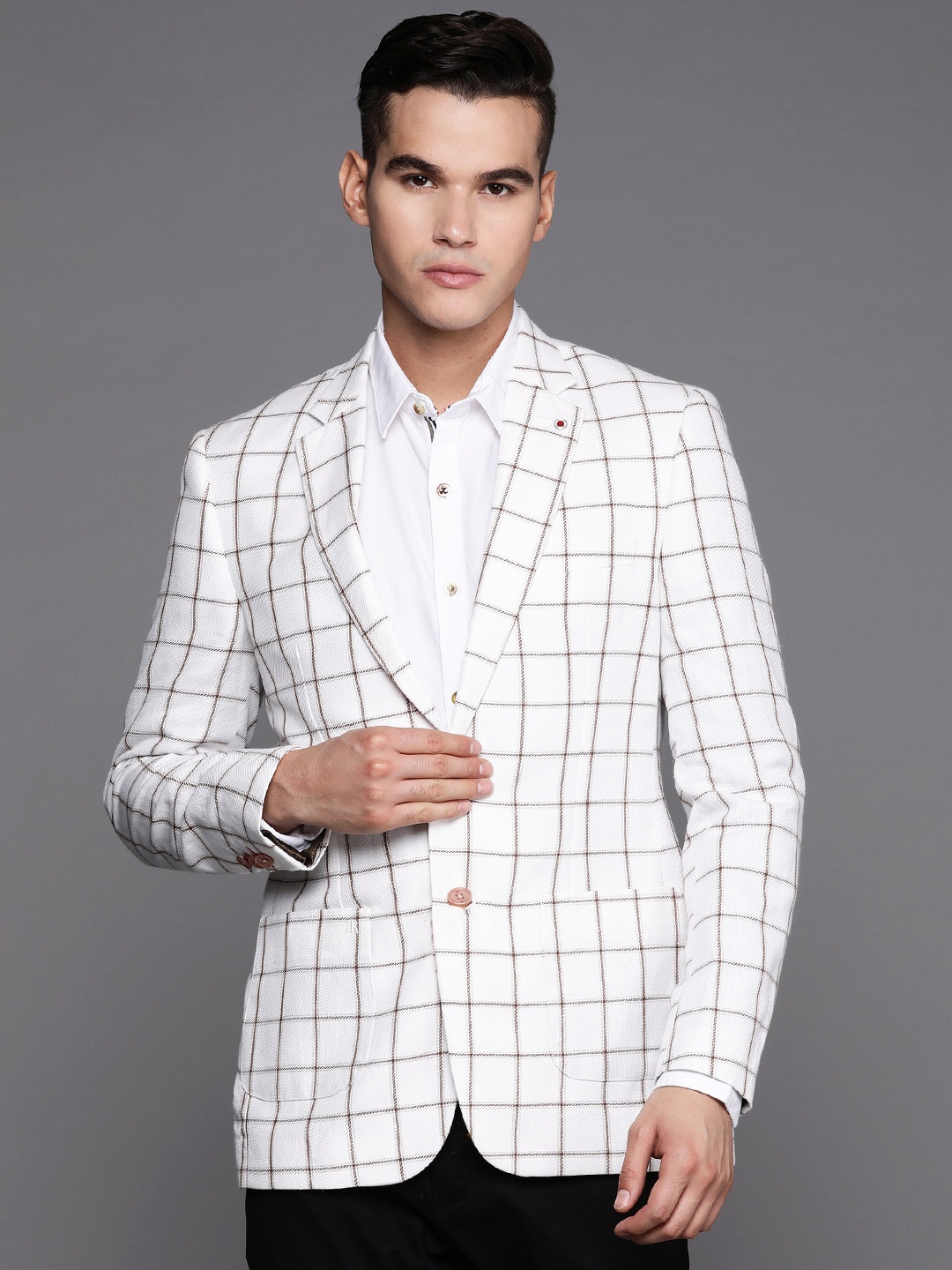

Raymond Checked Single-Breasted Blazer, Beige