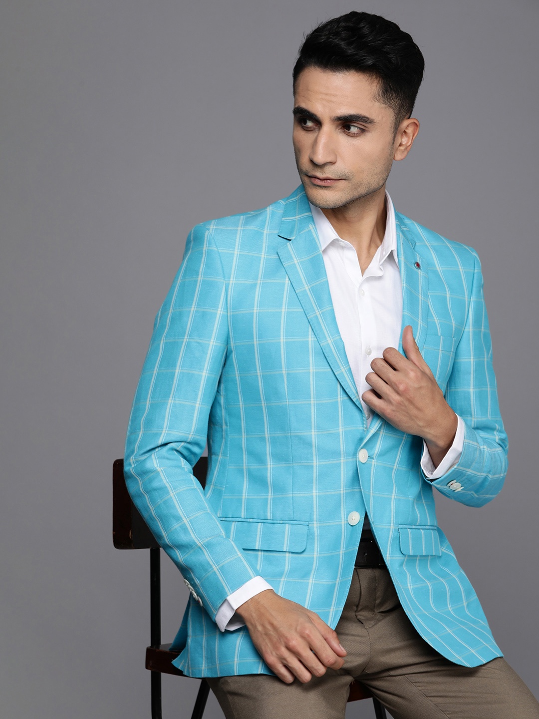 

Raymond Linen Cotton Contemporary Fit Single-Breasted Checked Formal Blazers, Blue