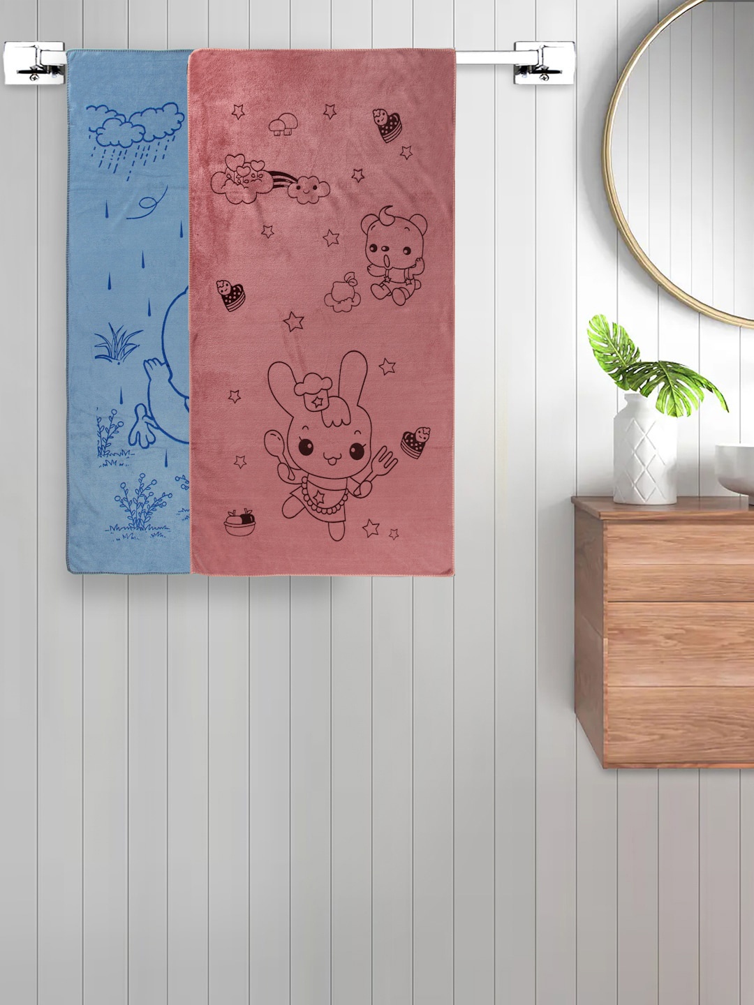 

FABINALIV 2-Pcs Blue & Mauve Printed 300 GSM Cotton Bath Towels