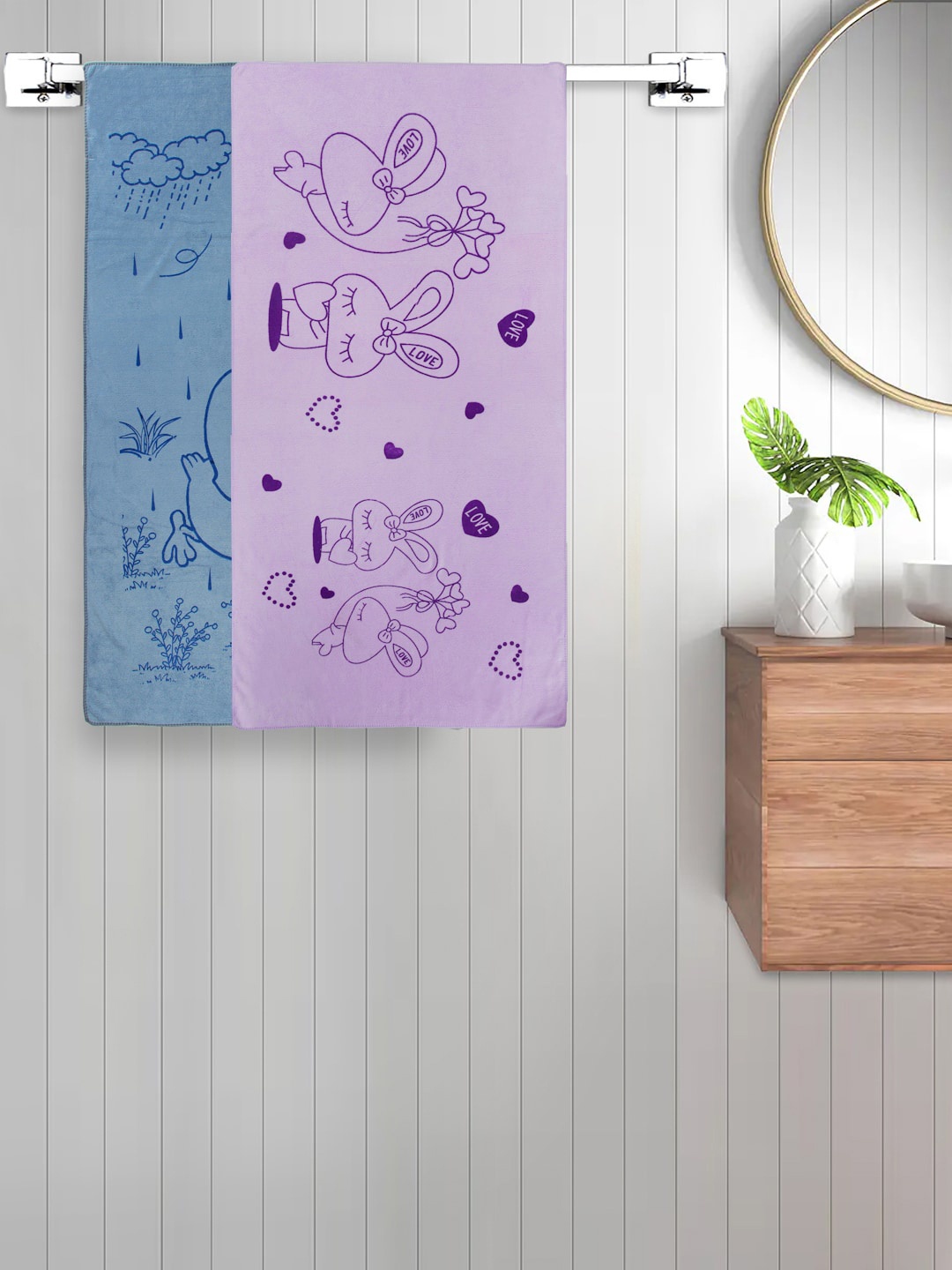 

FABINALIV Kids Purple & Blue 2 Pieces Printed 300 GSM Cotton Bath Towels