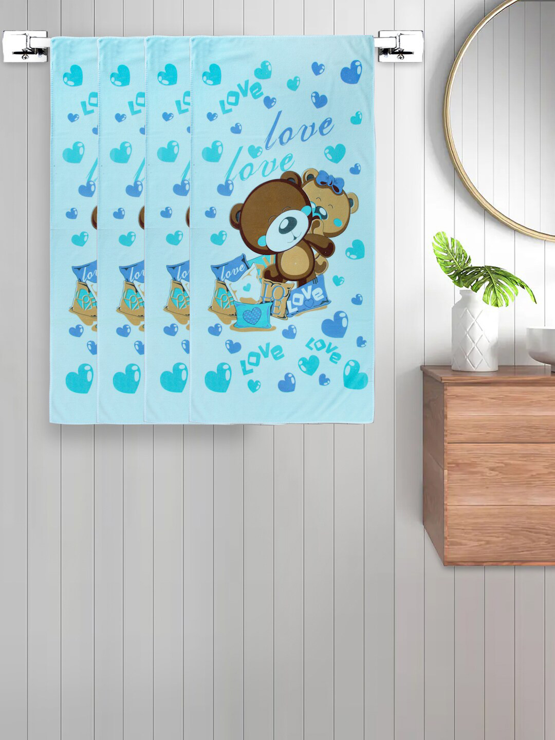 

FABINALIV 4-Pcs Blue Conversational Printed 300 GSM Cotton Bath Towels