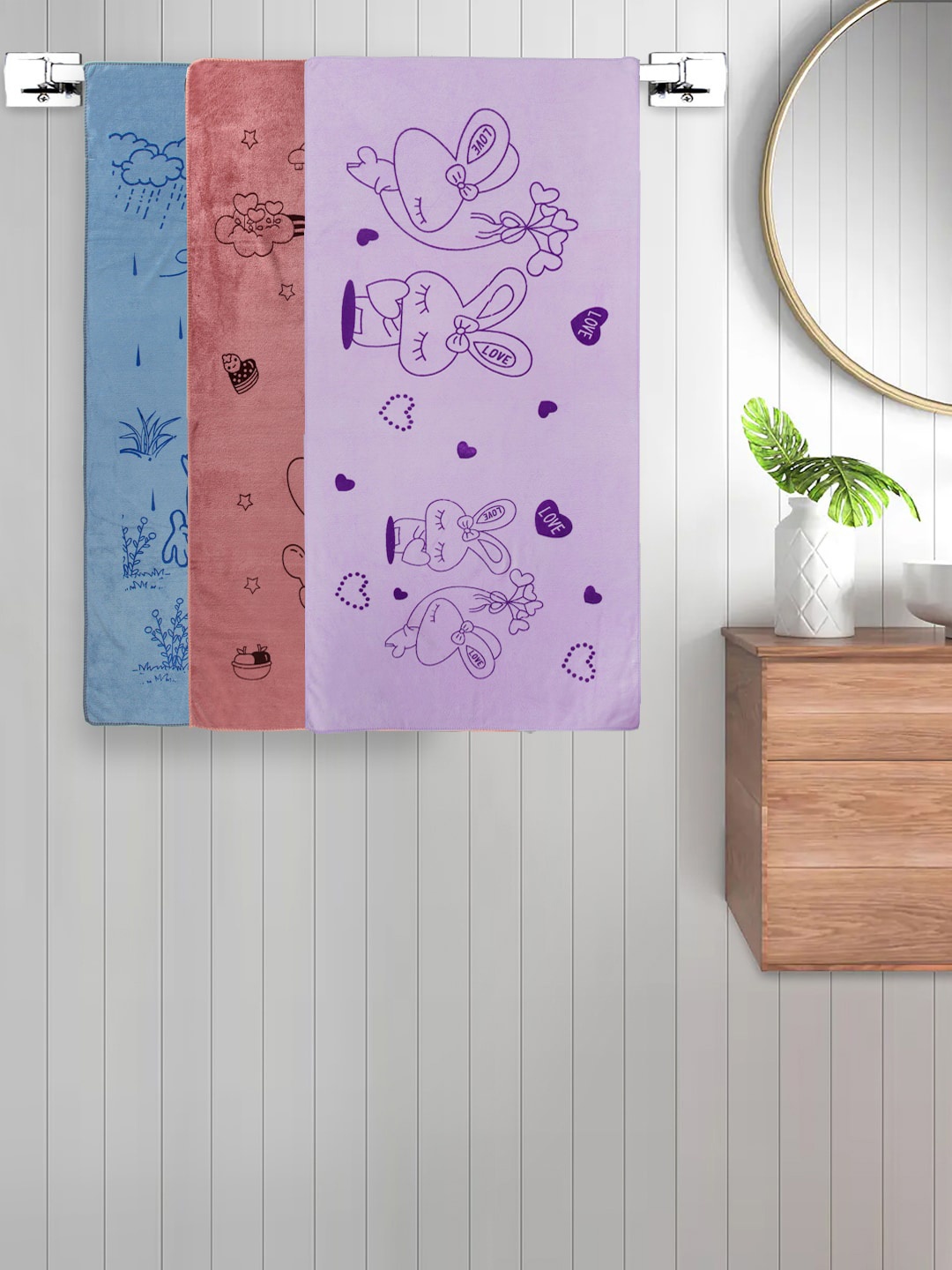 

FABINALIV 3-Pcs Purple & Blue Printed 300 GSM Cotton Bath Towels