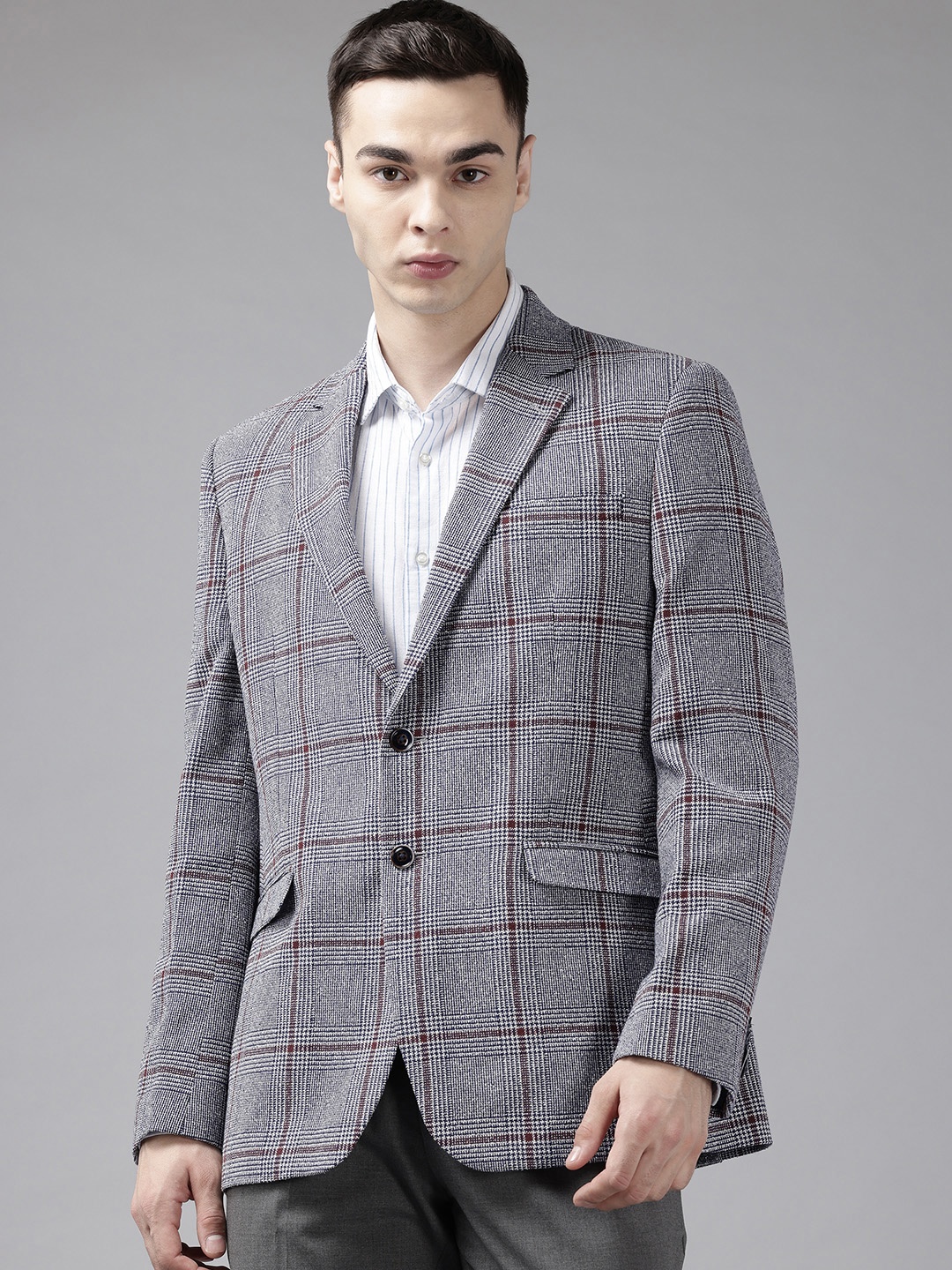 

Park Avenue Checked Notched Lapel Single-Breasted Formal Blazer, Grey