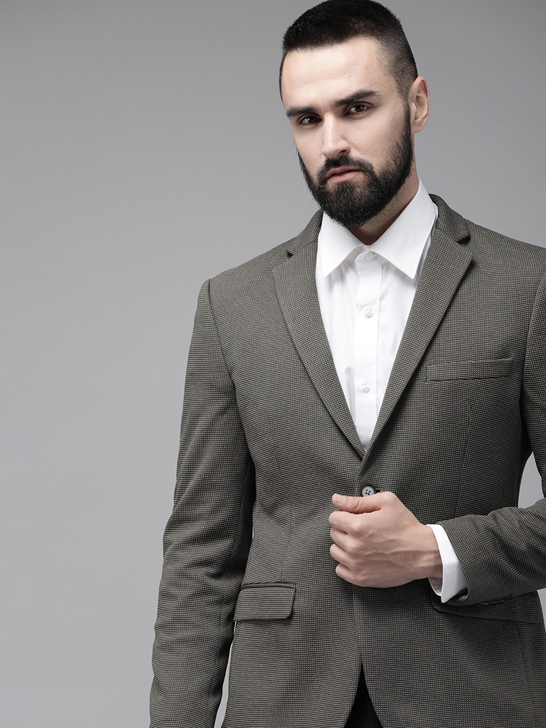 

Park Avenue Super Slim Fit Self Design Single Breasted Formal Blazer, Grey