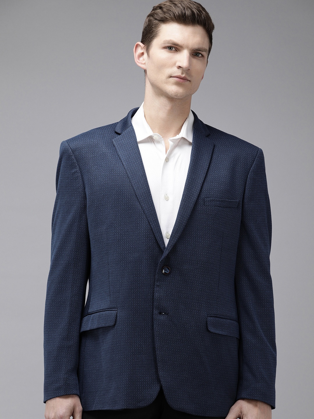 

Park Avenue Super Slim Fit Self Design Single-Breasted Formal Blazers, Blue