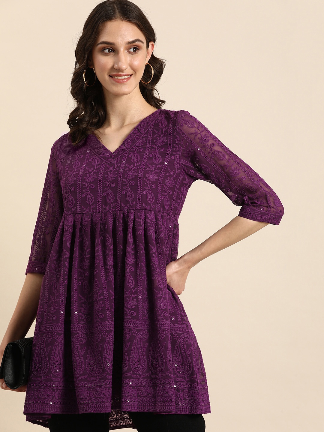 

all about you V-Neck Embroidered Kurti, Purple