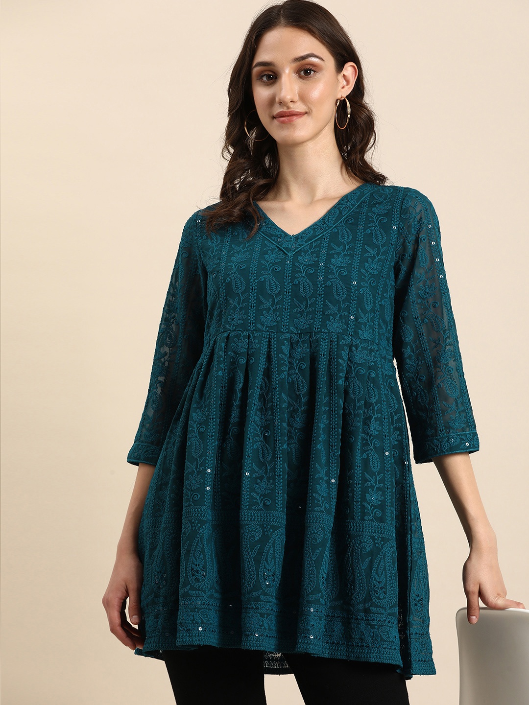 

all about you V-Neck Embroidered Kurti, Blue