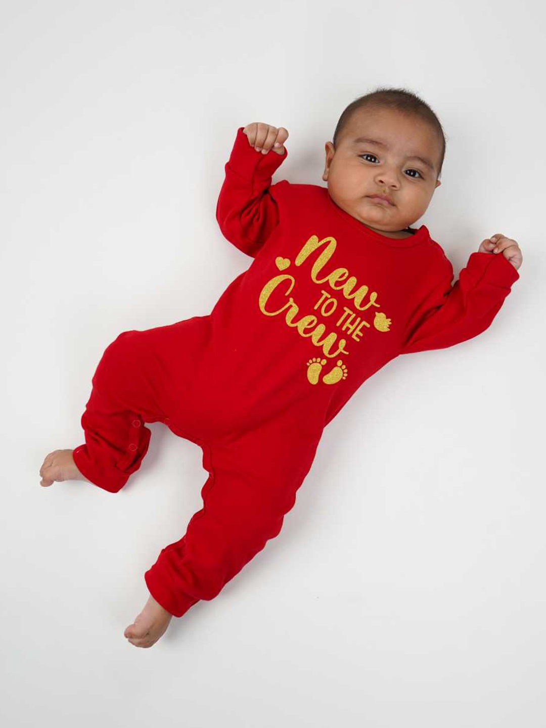 

Knitroot New To The Crew Infants Typography Printed Cotton Rompers, Red