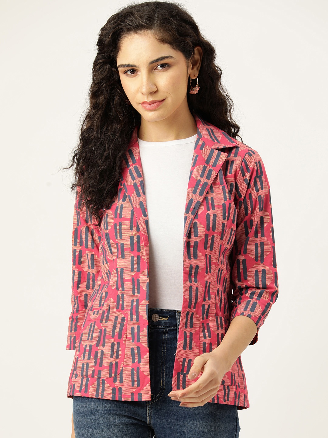 

MISRI Abstract Printed Cotton Cambric Open Front Blazer, Pink