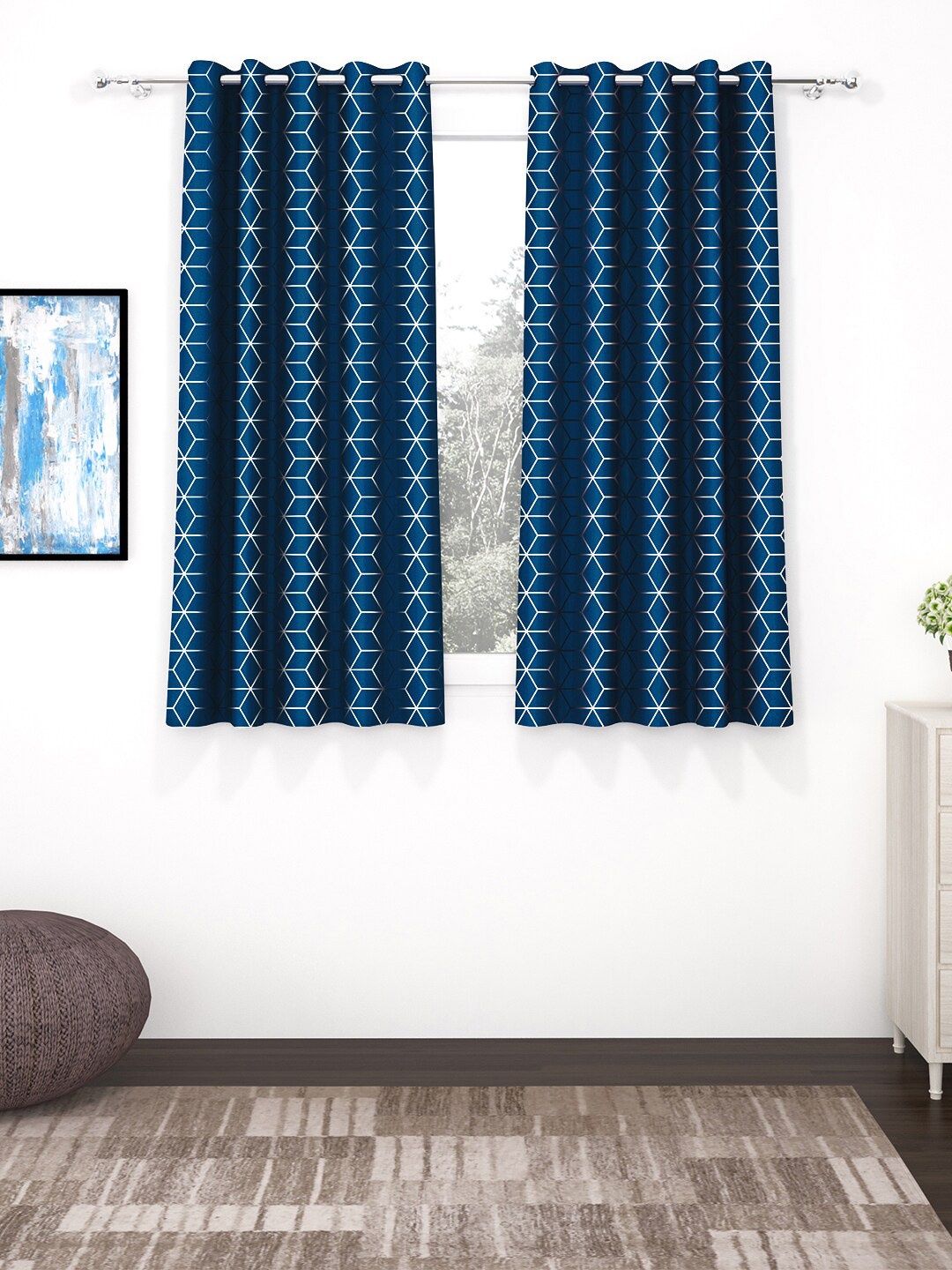 

Story@home Blue & White 2 Pieces Geometric Black Out Window Curtains