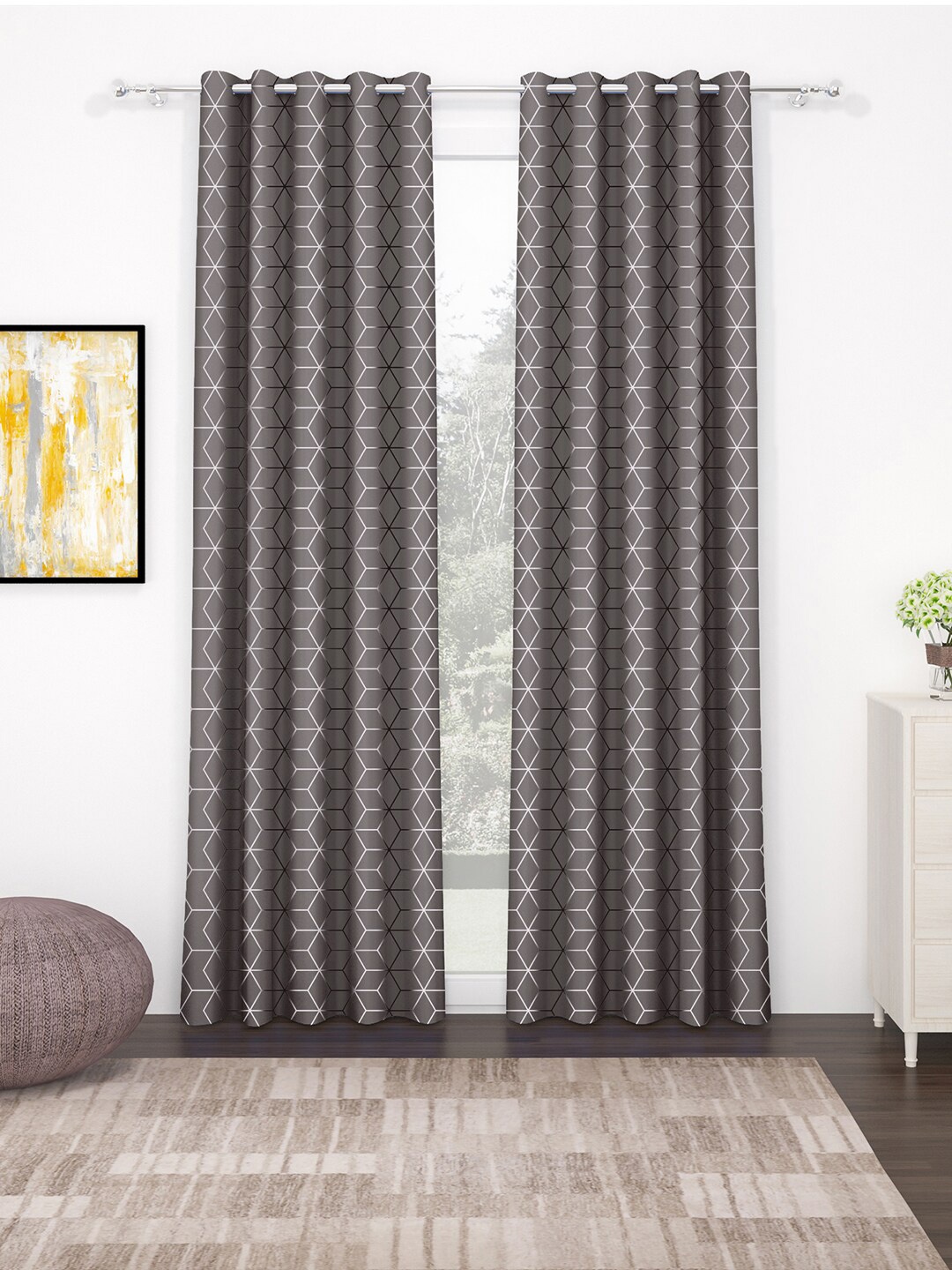 

Story@home Grey & White 2 Pieces Geometric Black Out Door Curtains