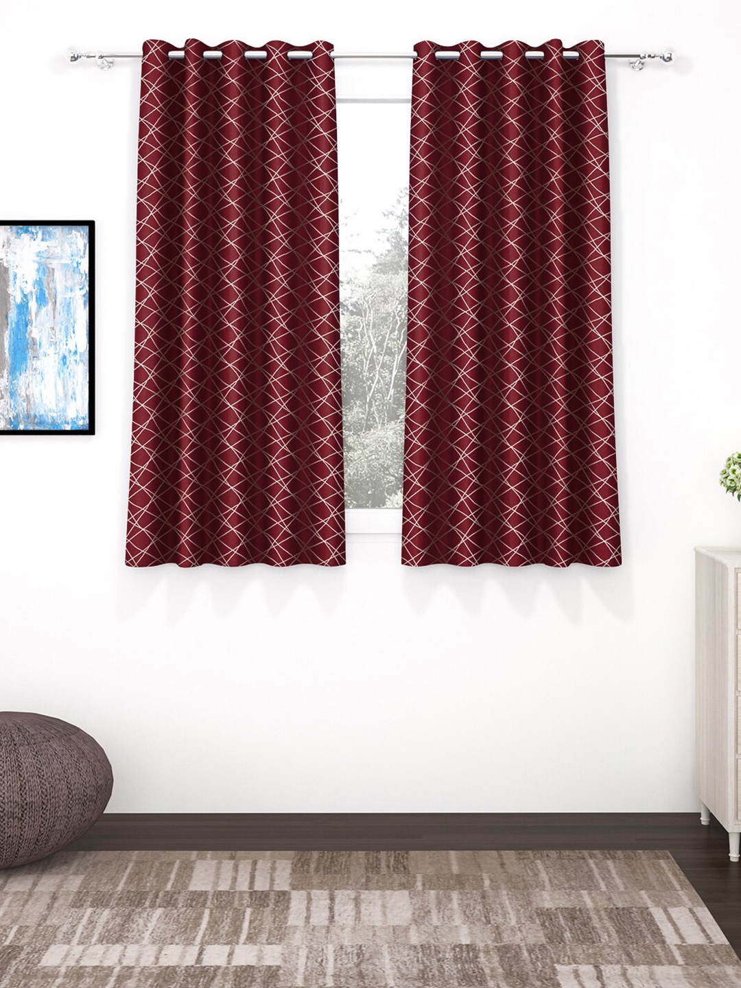 

Story@home Maroon & White Geometric Black Out Window Curtain