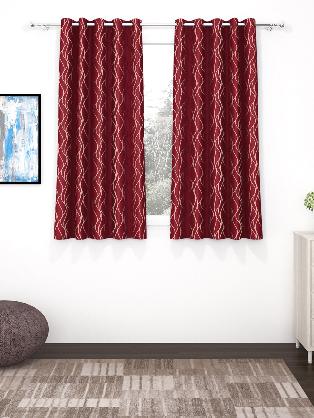 

Story@home Maroon & White Geometric Black Out Window Curtain