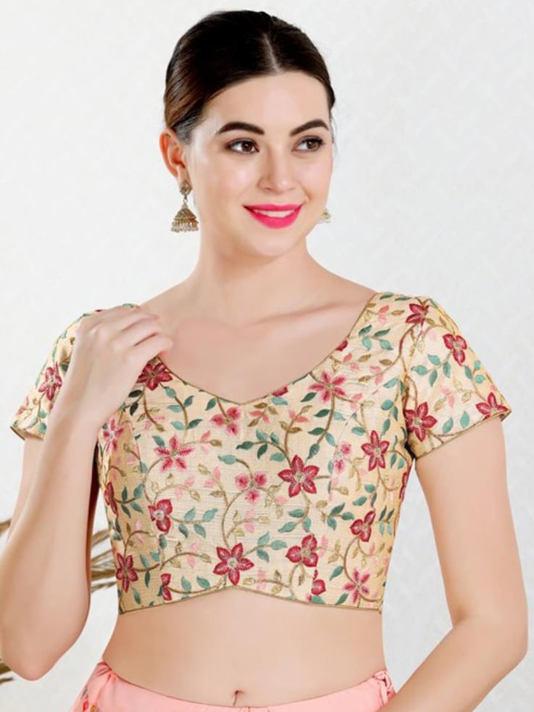 

SALWAR STUDIO Floral Embroidered Silk Readymade Saree Blouse, Gold