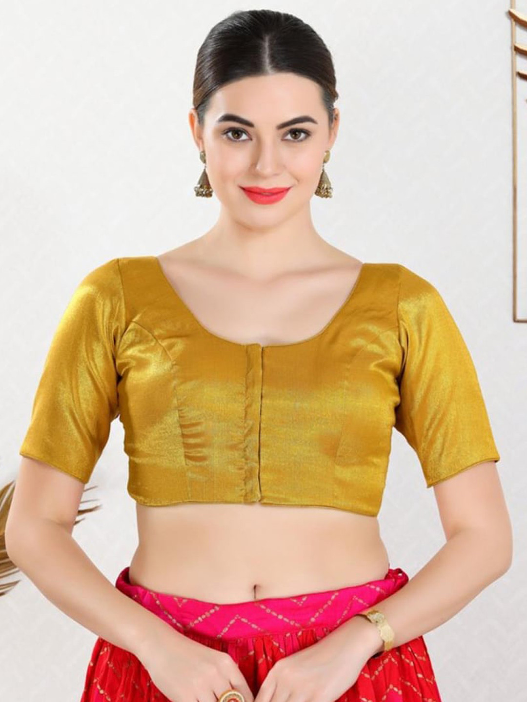 

SALWAR STUDIO Round Neck Padded Readymade Saree Blouse, Gold