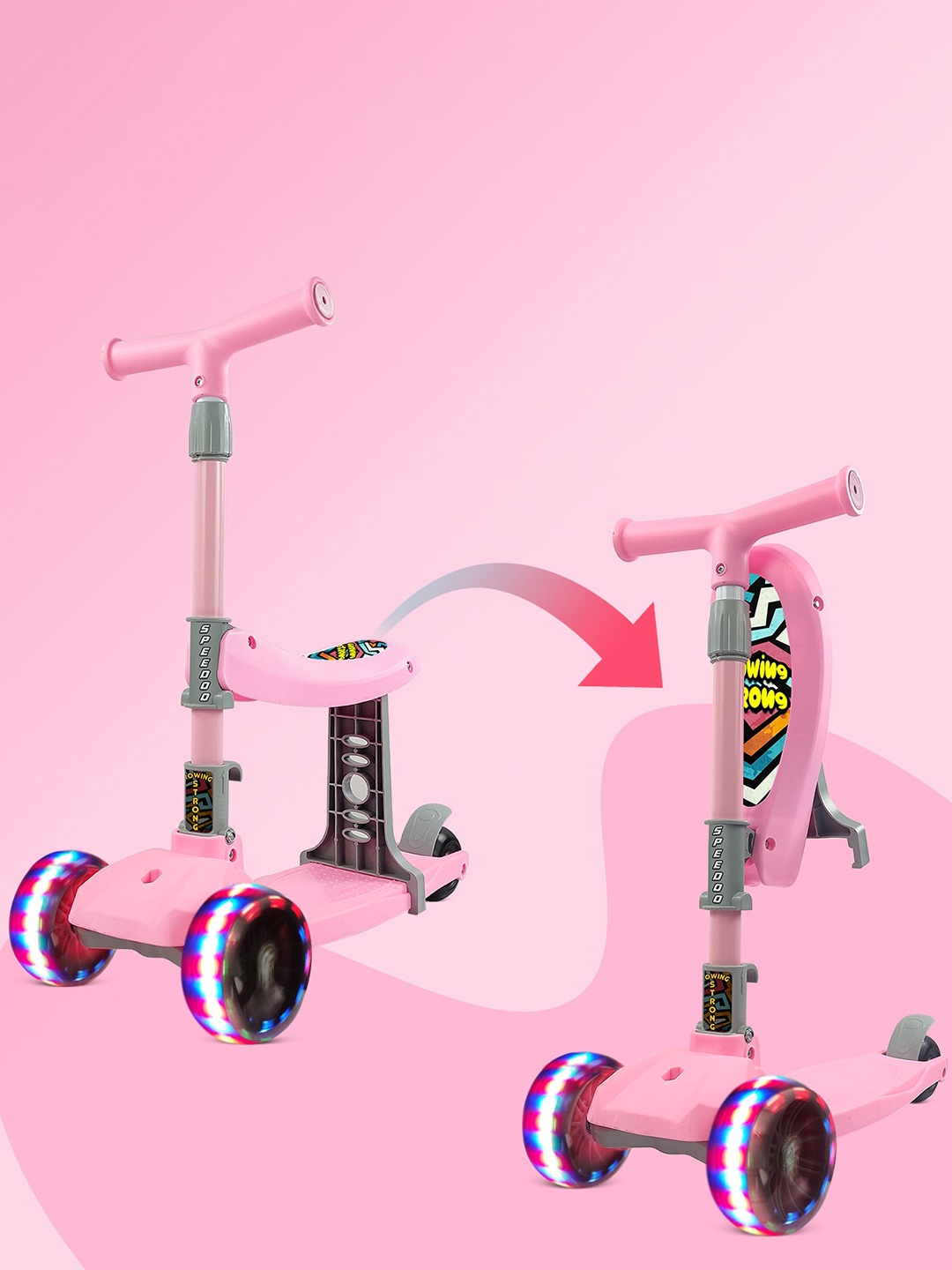 

NHR Kids 2 in 1 Sit & Stand Scooter with 3 Level Height Adjust & Foldable with LED Wheels, Pink