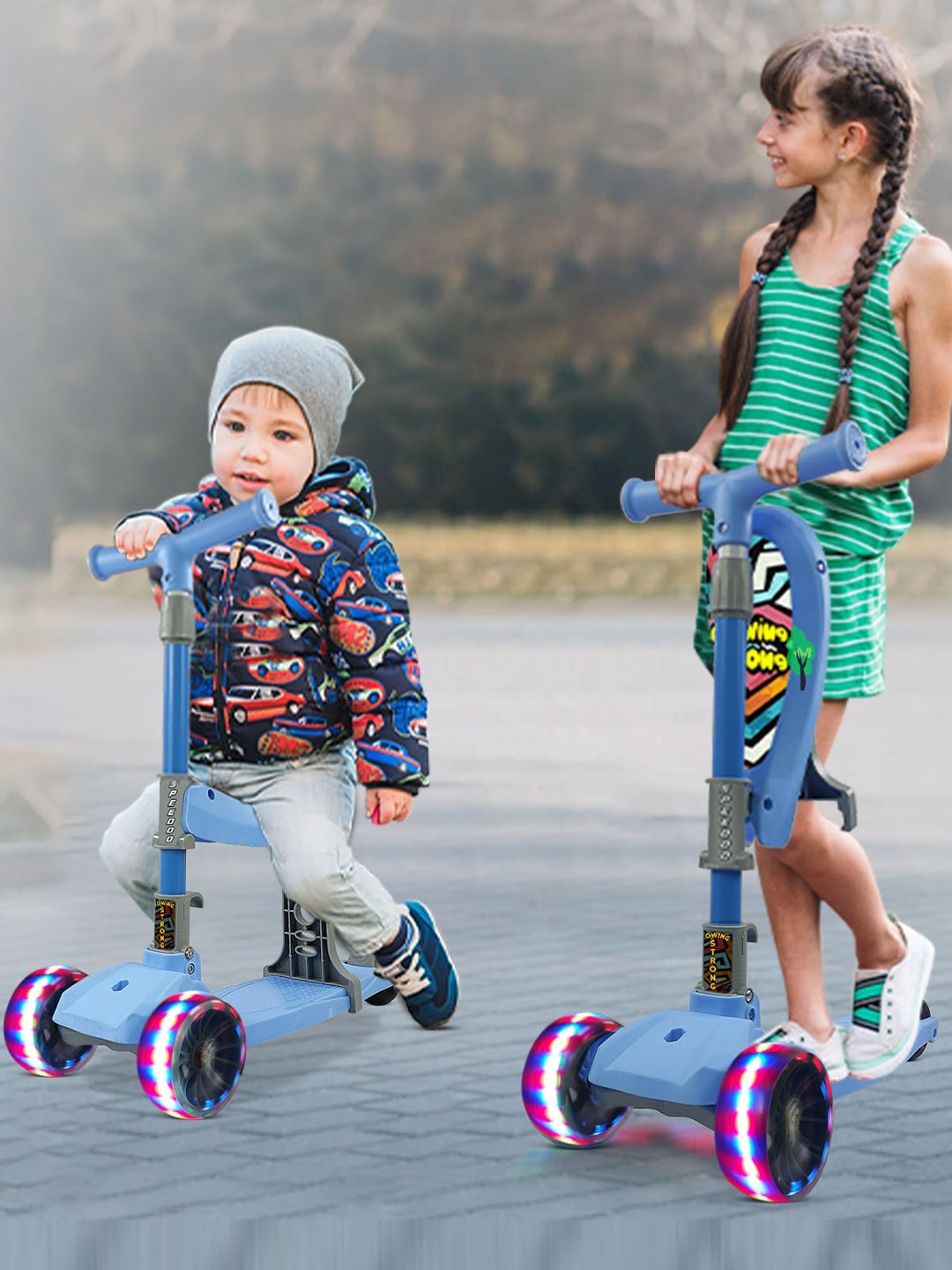 

NHR Blue Height Adjustable Sit & Stand Foldable Scooter with LED Lights