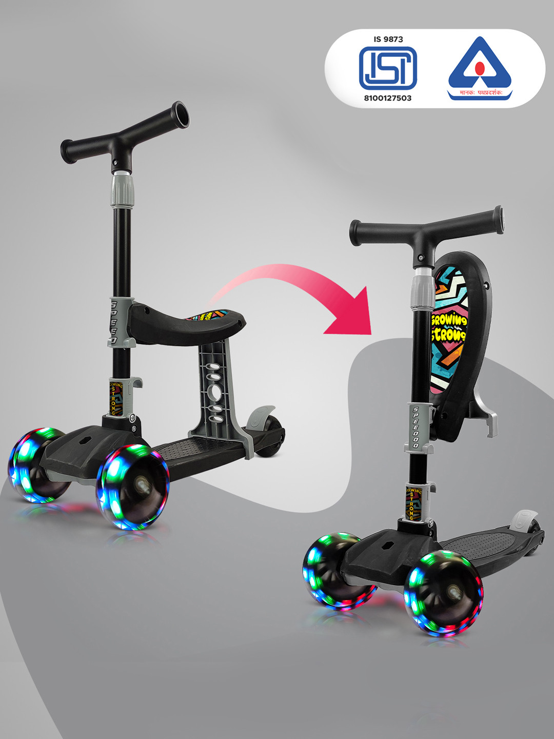 

NHR Kids 2 in 1 Sit & Stand Scooter with 3 Level Height Adjust & Foldable with LED Wheels, Black