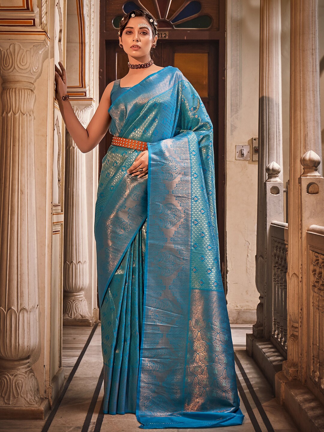

KARAGIRI Ethnic Motifs Woven Design Zari Silk Blend Kanjeevaram Saree, Blue
