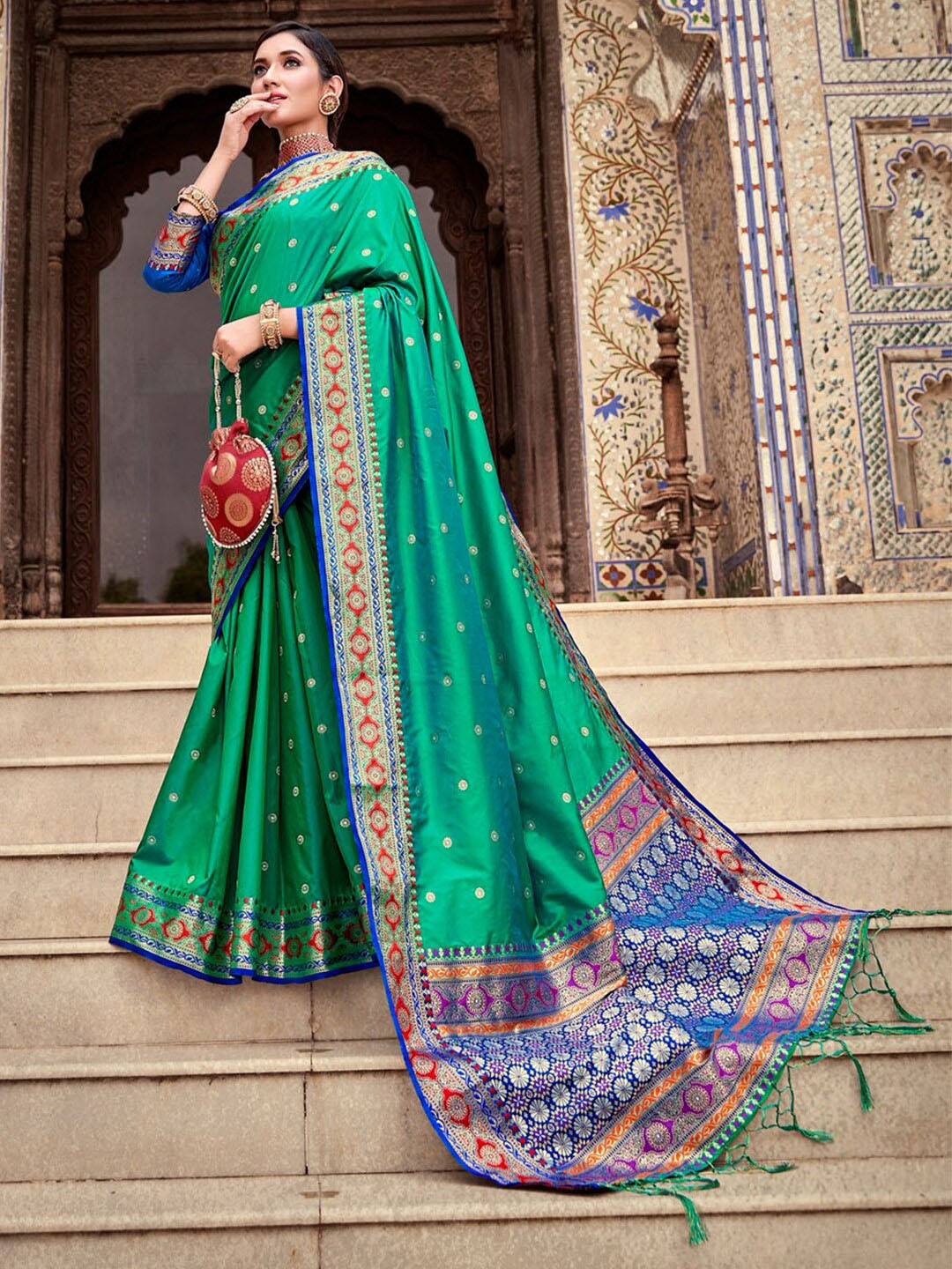 

KARAGIRI Ethnic Motifs Woven Design Zari Silk Blend Banarasi Saree, Blue