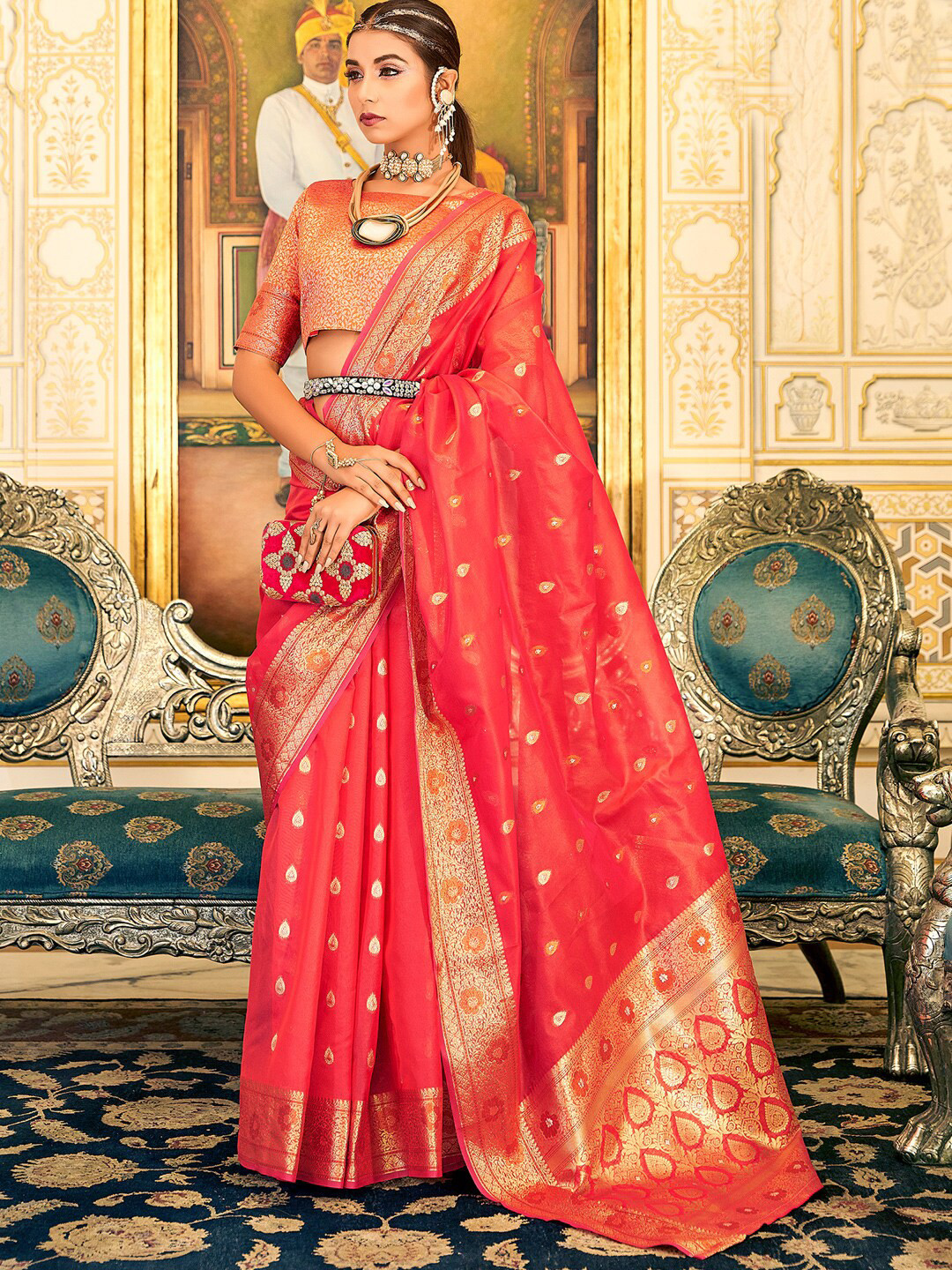 

KARAGIRI Ethnic Woven Design Zari Organza Saree, Red