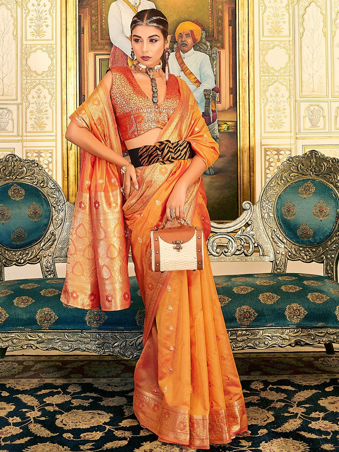 

KARAGIRI Woven Design Zari Organza Saree, Orange