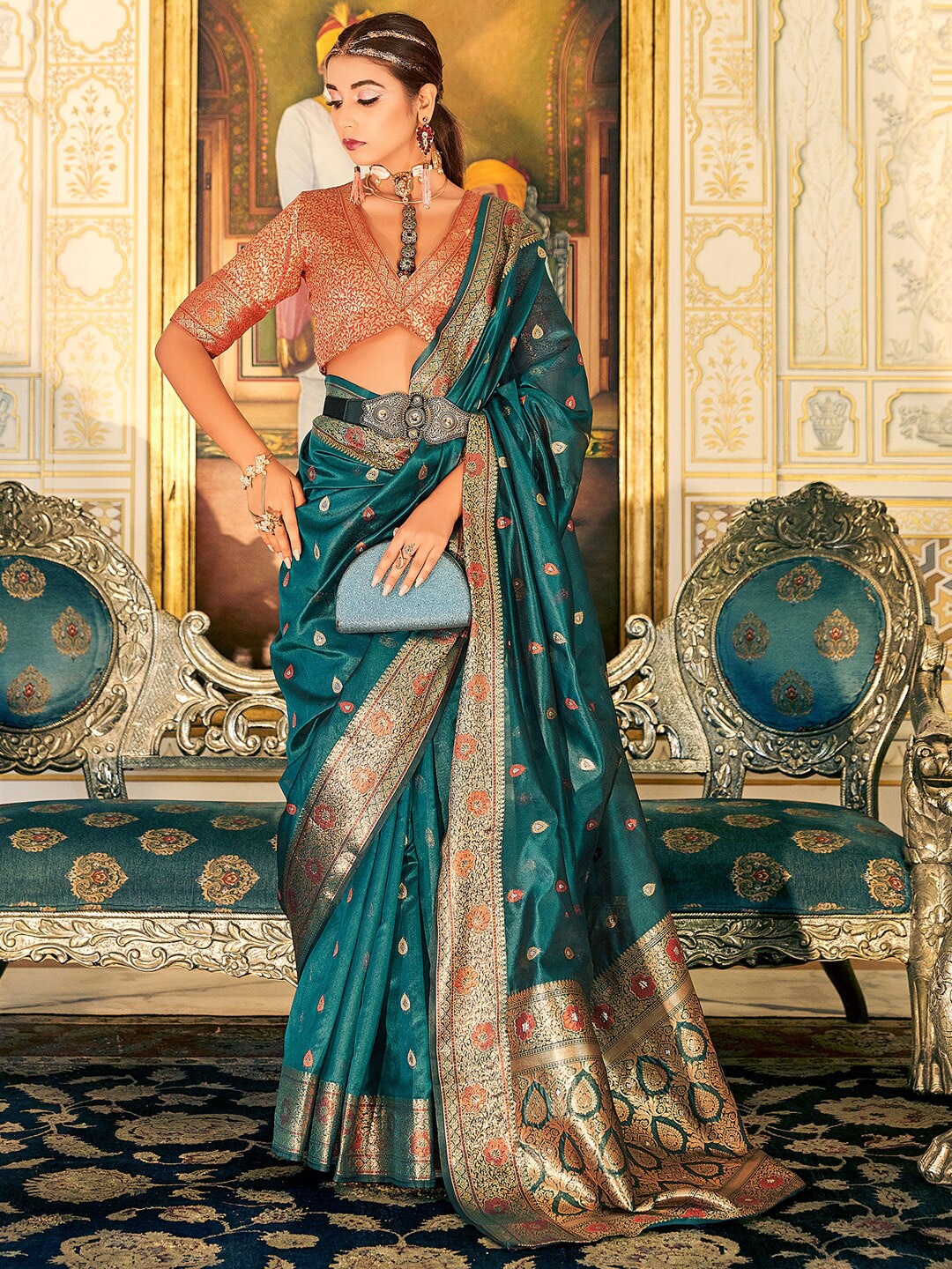 

KARAGIRI Woven Design Zari Organza Saree, Blue