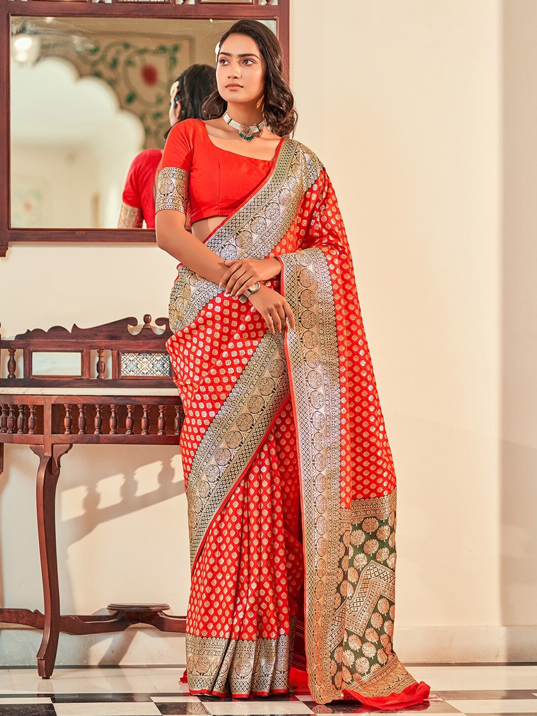 

KARAGIRI Ethnic Motifs Woven Design Zari Silk Blend Banarasi Saree, Red