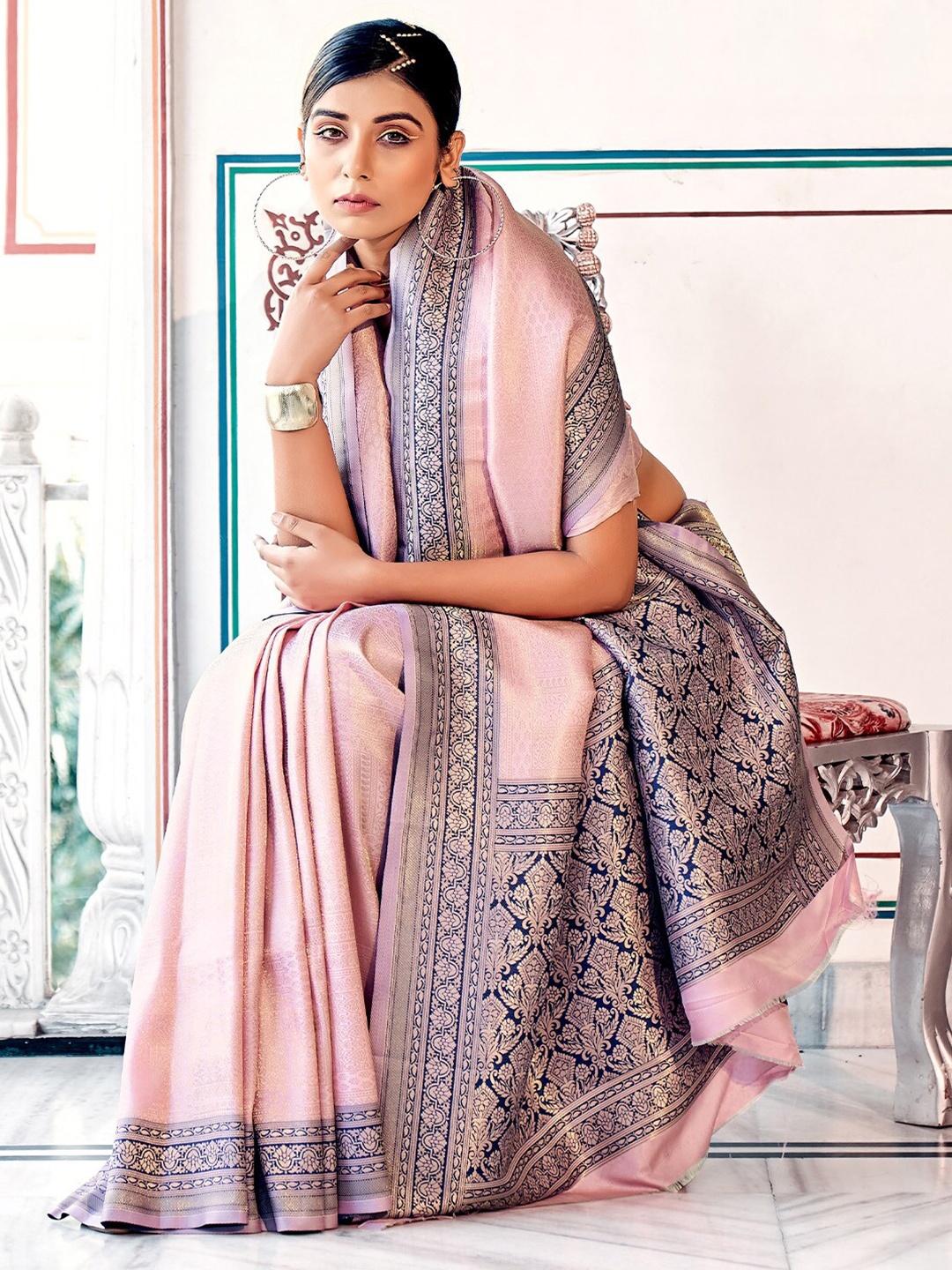 

KARAGIRI Ethnic Motifs Woven Design Zari Kanjeevaram Saree, Pink