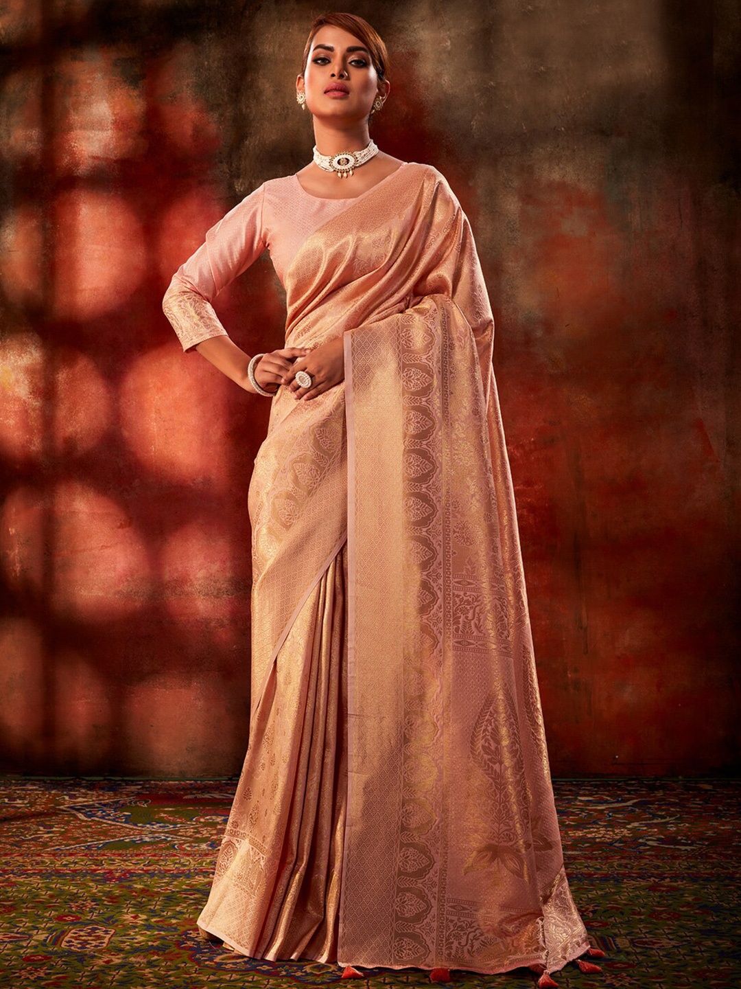 

KARAGIRI Woven Design Zari Kanjeevaram Saree, Peach
