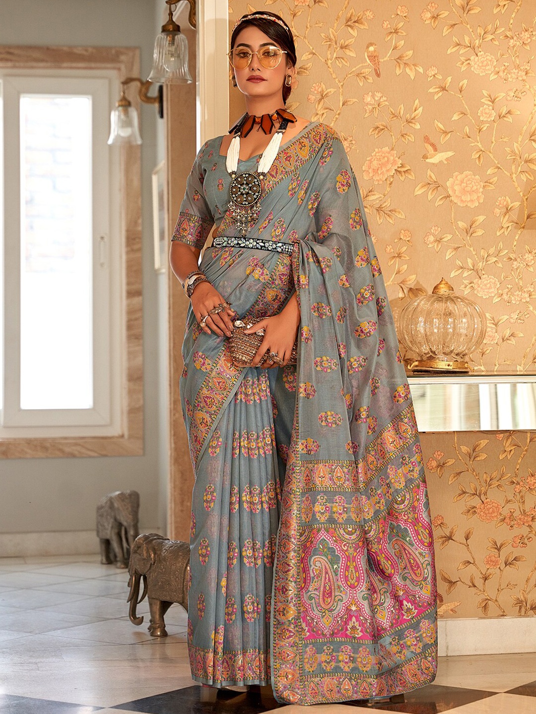 

KARAGIRI Ethnic Motifs Woven Design Saree, Grey