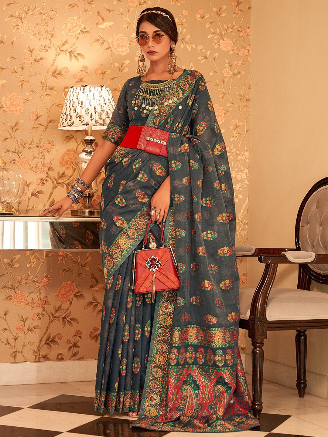 

KARAGIRI Ethnic Motifs Woven Design Silk Blend Saree, Grey